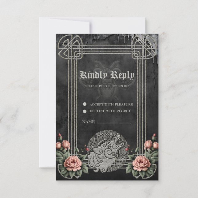 Viking Wolf & Rose. Ein stilisierter Wolfskopf, RSVP Karte (Vorderseite)