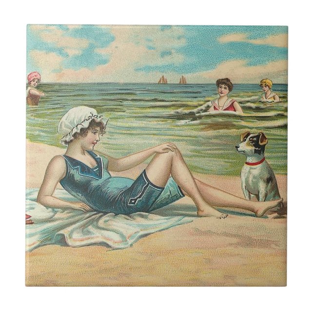 Viktorianisch Beach Swim Girl Ocean Sommerurlaub Fliese (Vorderseite)