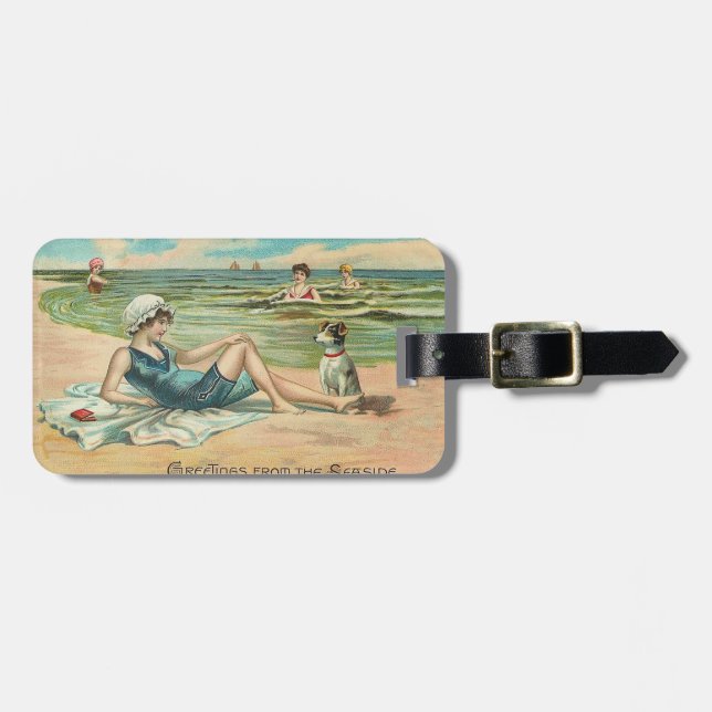 Viktorianisch Beach Swim Girl Ocean Sommerurlaub Gepäckanhänger (Vorderseite horizontal)