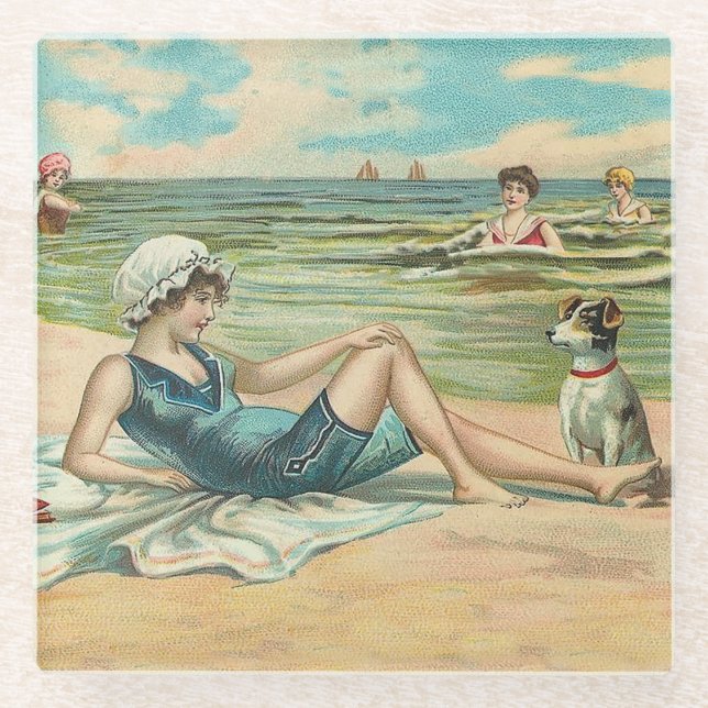 Viktorianisch Beach Swim Girl Ocean Sommerurlaub Glasuntersetzer (Vorderseite)