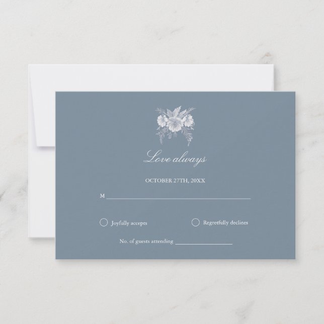 Viktorianisch Blue Floral Dusty Blue Wedding RSVP Karte (Vorderseite)