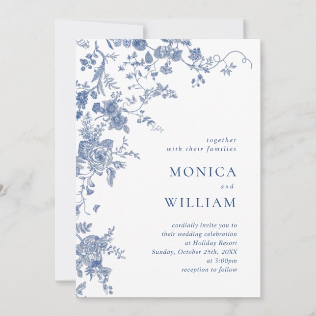Viktorianisch-Blue-French-Floral-Foto QR-Code Hoch Einladung (Vorderseite)