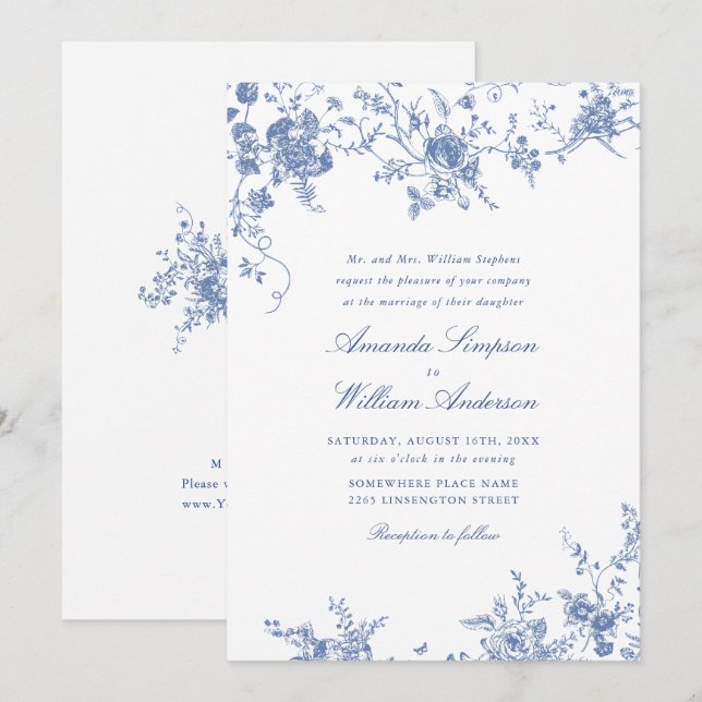 Viktorianisch Blue French Garden Blumenhochzeit Einladung (Vorne/Hinten)