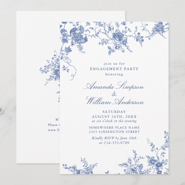 Viktorianisch Blue French Garden ENGAGEMENT PARTEI Einladung (Vorne/Hinten)