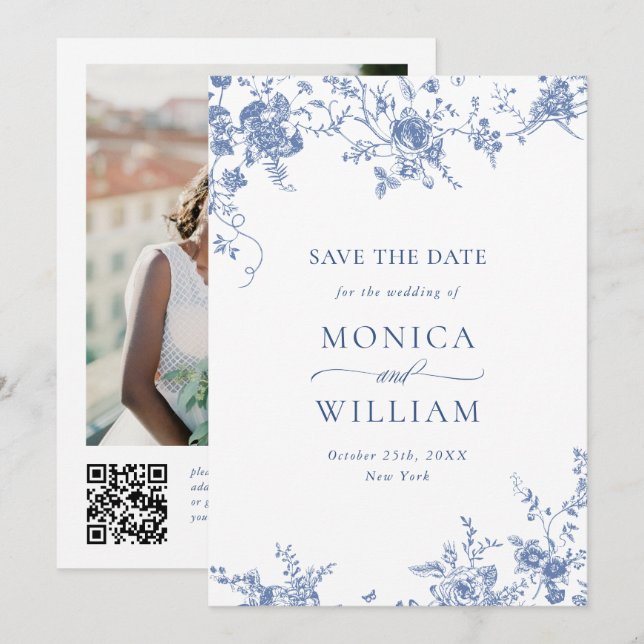Viktorianisch Blue French Garden Foto Hochzeit Save The Date (Vorne/Hinten)