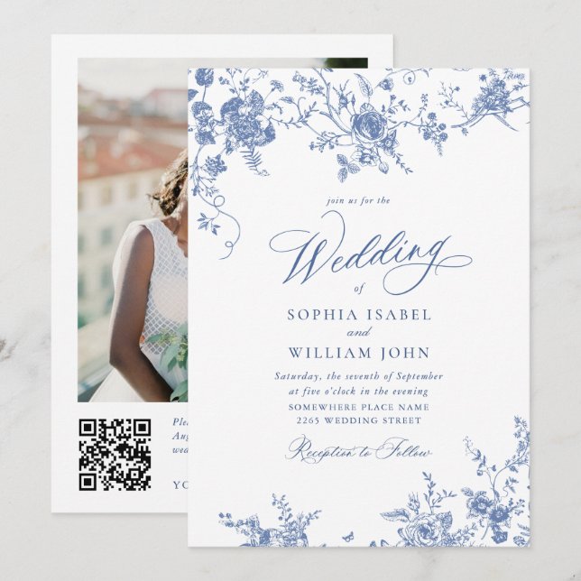 Viktorianisch Blue French Garden QR Code Foto Wedd Einladung (Vorne/Hinten)