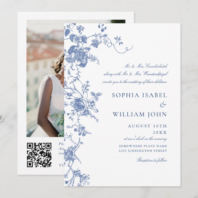 Viktorianisch Blue French Garden QR Code Foto Wedd Einladung (Vorne/Hinten)