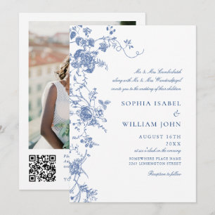 Viktorianisch Blue French Garden QR Code Foto Wedd Einladung