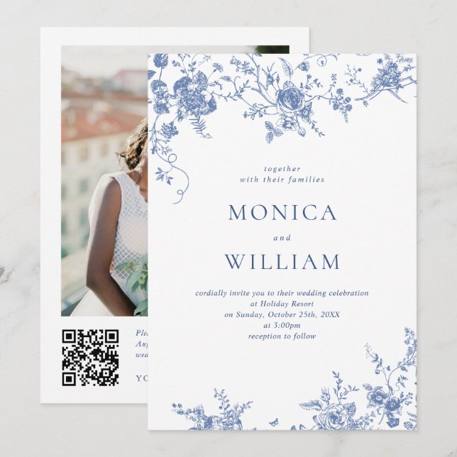 Viktorianisch Blue French Garden QR Code Foto Wedd Einladung (Vorne/Hinten)