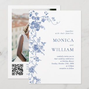 Viktorianisch Blue French Garden QR Code Foto Wedd Einladung