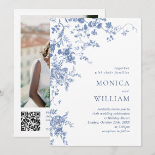Viktorianisch Blue French Garden QR Code Foto Wedd Einladung