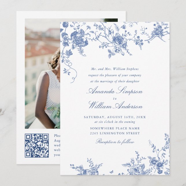 Viktorianisch Blue French Garden QR Code Foto Wedd Einladung (Vorne/Hinten)