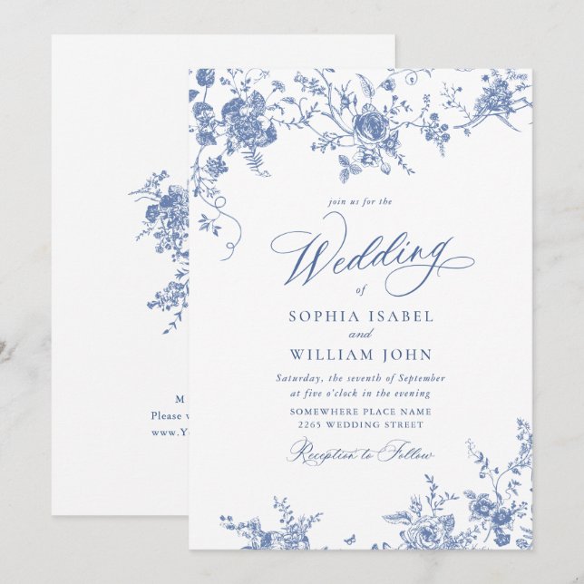 Viktorianisch Blue French Garden Toile Hochzeit Einladung (Vorne/Hinten)
