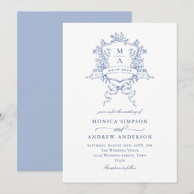 Viktorianisch Blue Wedding Verziertes Blumengebirg Einladung (Vorne/Hinten)