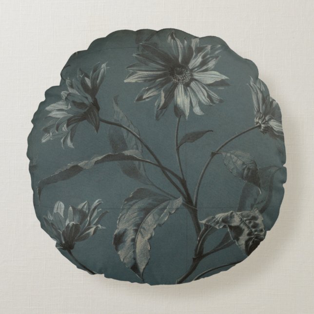 Viktorianisch Daisy Blume grau-blau elegant Rundes Kissen (Vorderseite)