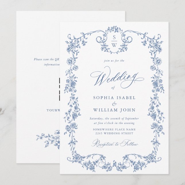 Viktorianisch Dusty Blue French Garden Wedding Einladung (Vorne/Hinten)