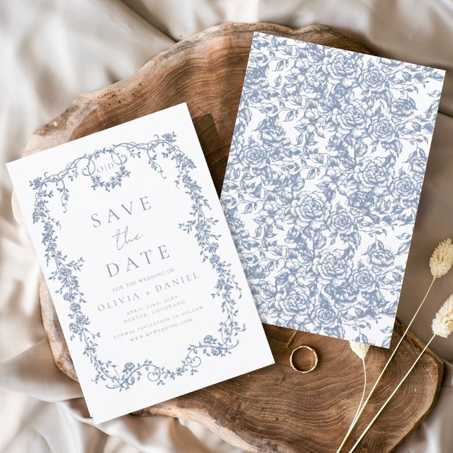 Viktorianisch Floral Dusty Blue French Wedding Save The Date (Von Creator hochgeladen)