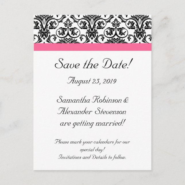 Viktorianisch Fuchsia Pink White Damask Save the D Ankündigungspostkarte (Vorderseite)