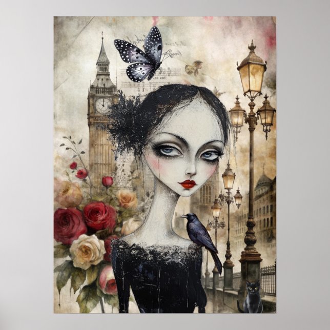 Viktorianisch Gothic Girl & Florals London Poster (Vorne)