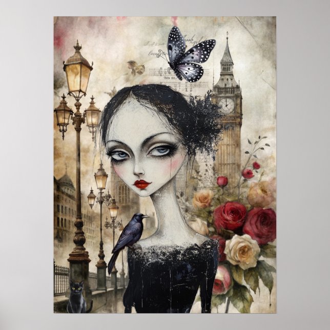 Viktorianisch Gothic Girl & Florals London Poster (Vorne)