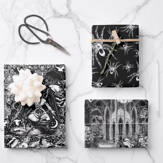 Viktorianisch gotisches Schwarz-Weiß-Goulish Geschenkpapier Set (Vorderseite)
