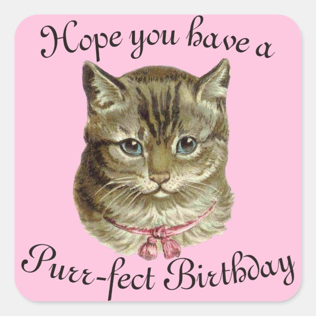 Viktorianisch Happy Birthday Kitty wünscht Quadratischer Aufkleber (Vorderseite)