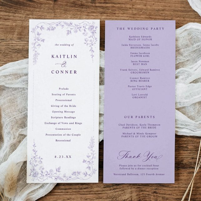 Viktorianisch-lila-französische Blumshochzeit Programm (Lavender wedding program with vintage French chinoiserie floral elements)