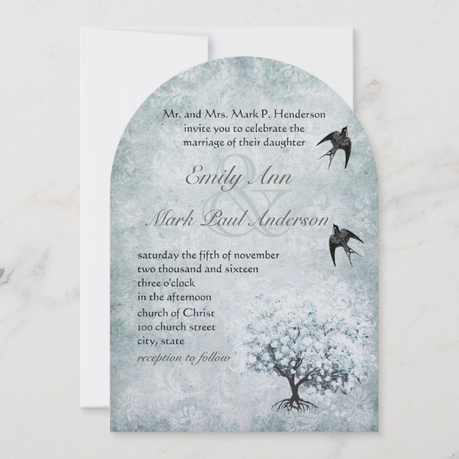 Viktorianisch Love Bird Blue Damask Herzleaf Tree Einladung (Rückseite)