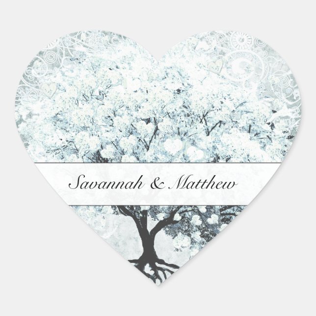 Viktorianisch Love Bird Blue Damask Herzleaf Tree Herz-Aufkleber (Vorderseite)