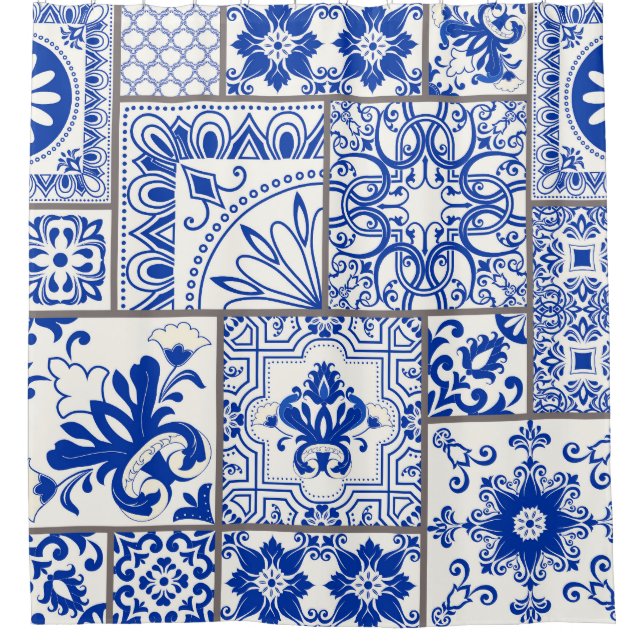 Viktorianisch Majolica: Patchwork Fliesenmuster. Duschvorhang (Vorderseite)