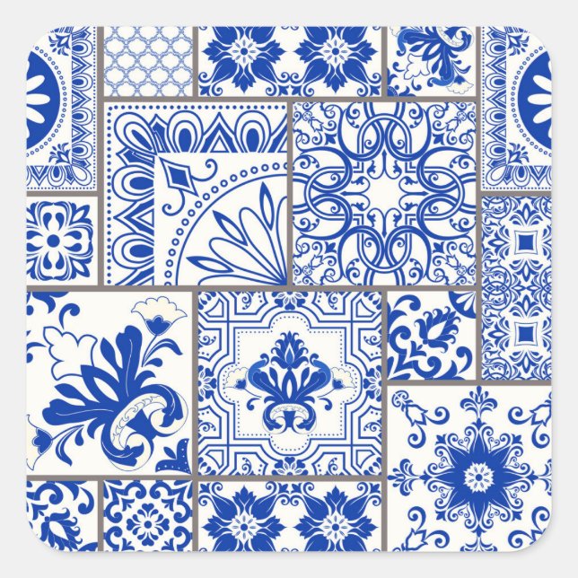 Viktorianisch Majolica: Patchwork Fliesenmuster. Quadratischer Aufkleber (Vorderseite)