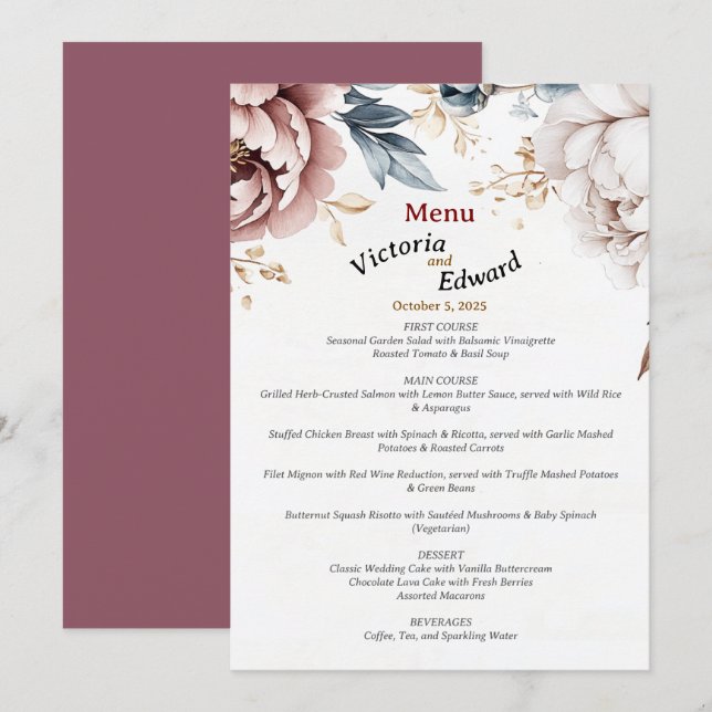Viktorianisch Peony Luxe Wedding Menu Card 5"x7" Menükarte (Vorne/Hinten)