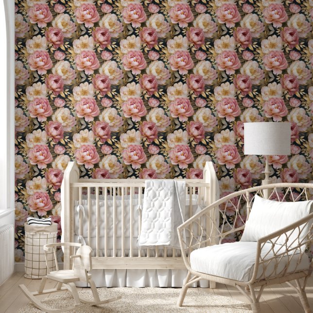 Viktorianisch Peony Pink Weiße Blüte in Gold Tapete (Kinder)