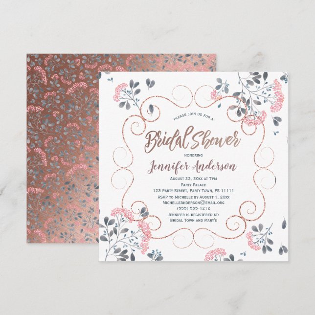 Viktorianisch Pink Blue Rose Gold Floral Brautpart Einladung (Vorne/Hinten)