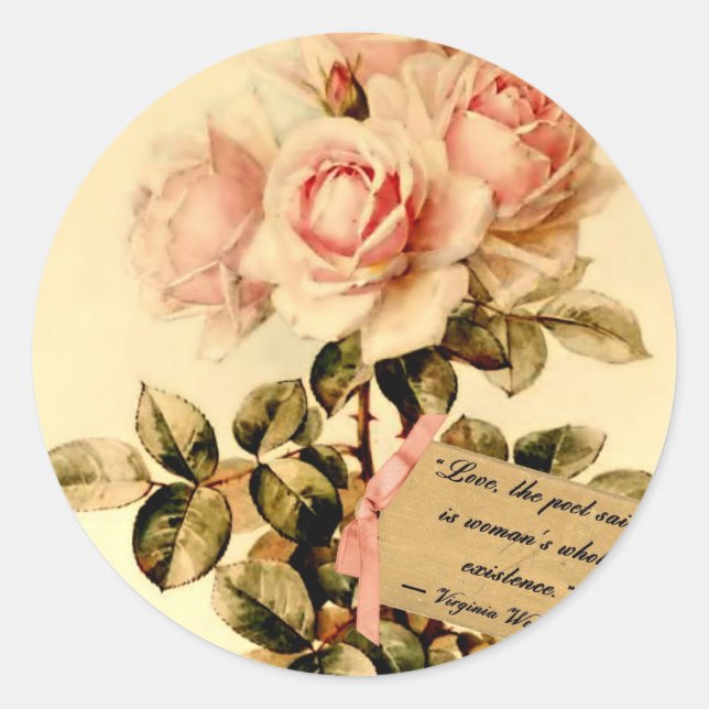 Viktorianisch rosa Rosen mit Motivierend Zitat Runder Aufkleber (Vorderseite)