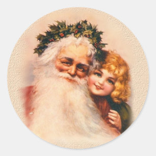 Viktorianisch Santa and Girl Runder Aufkleber