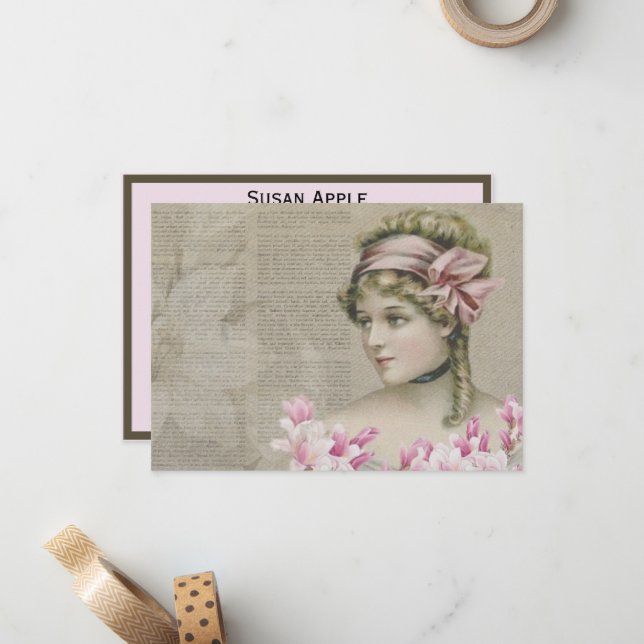 Viktorianisch Steampunk Lady Pink Newspapier Mitteilungskarte (Vorderseite/Rückseite Beispiel)