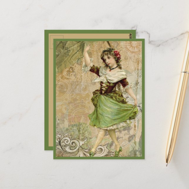 Viktorianisch TanzGirl Green Rote Rose Postkarte (Vorderseite/Rückseite Beispiel)
