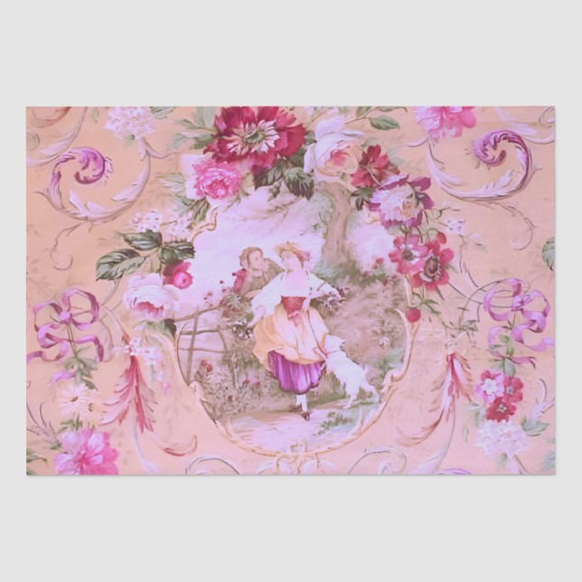 Viktorianisch Toile Rokoko Floral Rosa Decoupage Seidenpapier (Vorderseite)