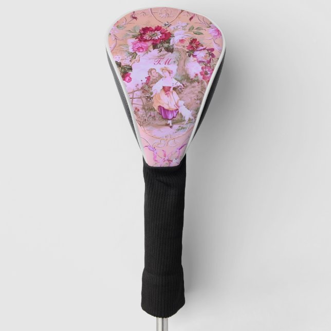 Viktorianisch Toile Rokoko Stil Blumenrosa Initial Golf Headcover (Vorderseite)