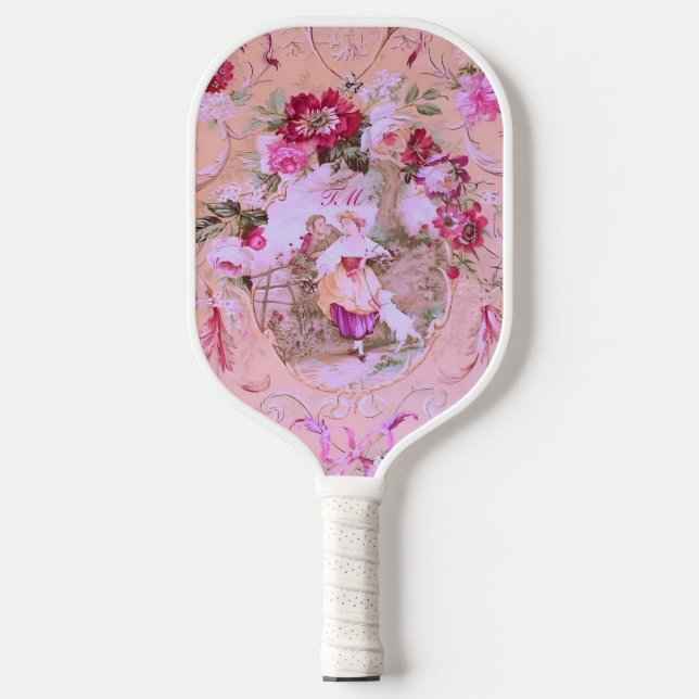 Viktorianisch Toile Rokoko Stil Blumenrosa Initial Pickleball Schläger (Vorderseite)