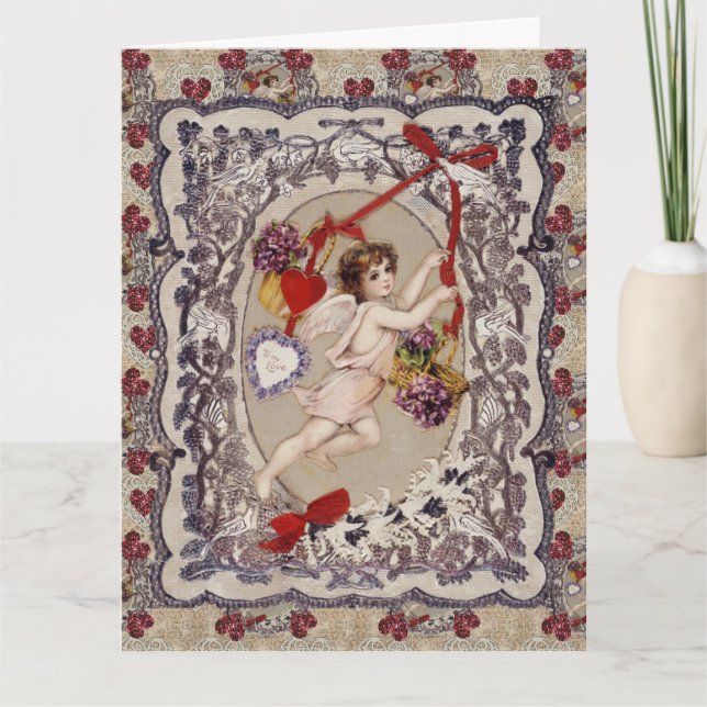 Viktorianisch Valentine Angel Rotes Herz Karte (Vorderseite)
