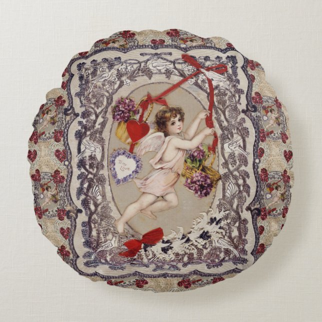 Viktorianisch Valentine Angel Rotes Herz Rundes Kissen (Vorderseite)