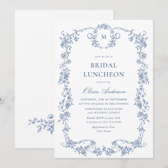 Viktorianisch Verziert Grace Dusty Blue BRIDAL LUN Einladung (Vorne/Hinten)