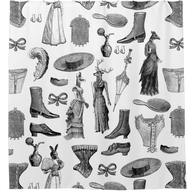 viktorianische antike Tiere, Schwarz-weiße Kleinti Duschvorhang (Vorderseite)