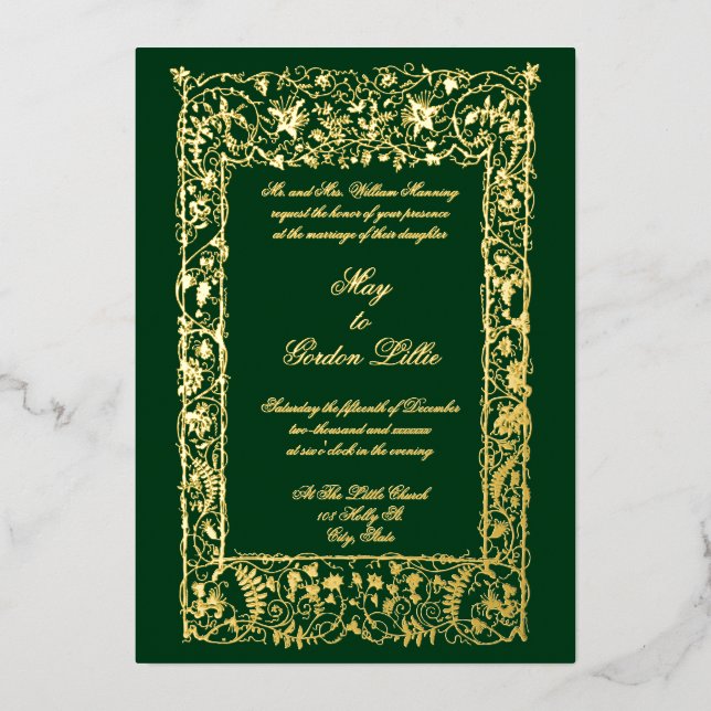Viktorianische Ära Verzierte Hochzeit an der Grenz Folieneinladung (Vorderseite)