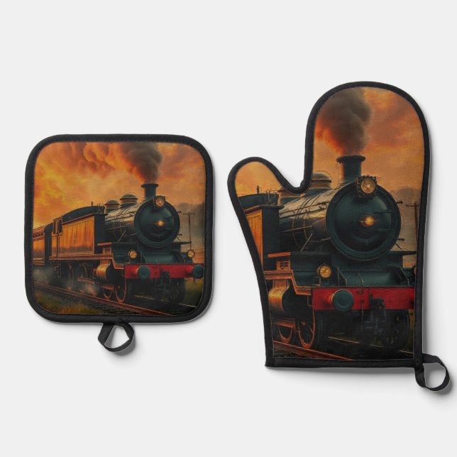 Viktorianische Bahnreise - Dampfzug Ofenhandschuh & Topflappen-Set (Vorderseite)