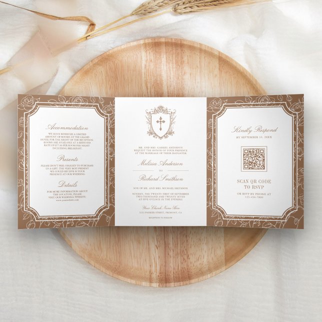 Viktorianische Beige-Katholische QR-Hochzeit Dreifach Gefaltete Einladung (Von Creator hochgeladen)