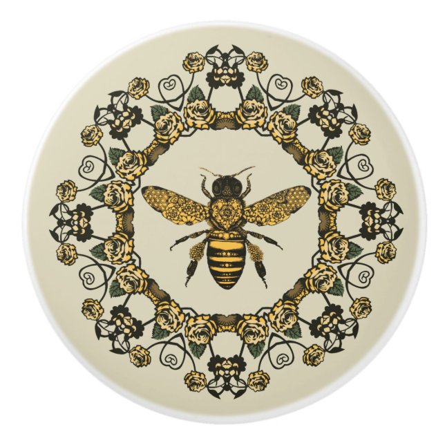Viktorianische Bienen und Rose Keramikknauf (Vorderseite)