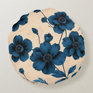 Viktorianische blaue Blumen auf beigem Kissenhinte Rundes Kissen